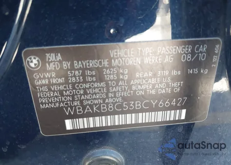 2011 BMW 750Li z USA, uszkodzony, nr VIN WBAKB8C53BCY66427